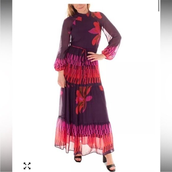 Maison Tara Retro Floral Mixed Print Long Sleeve Maxi Dress Size 10 - Picture 13 of 14